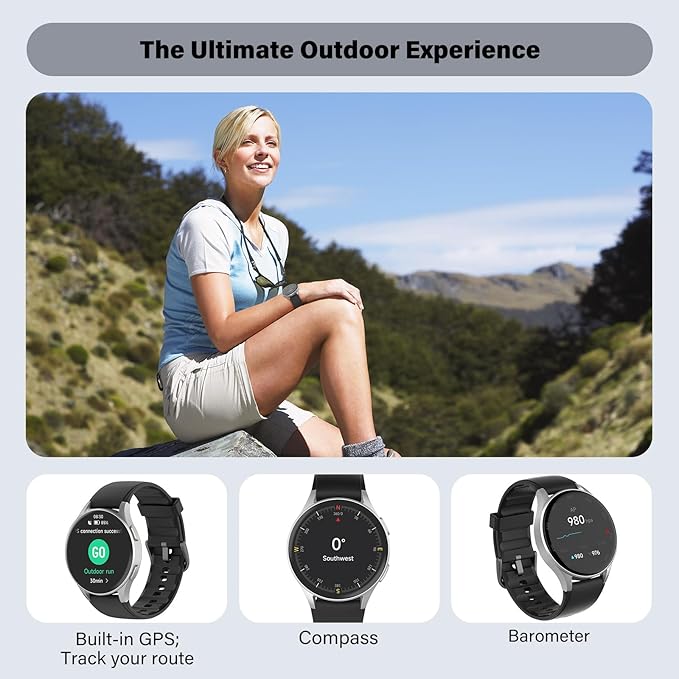Smart Watch for Women Men, Built-in Alexa, GPS, HRV, VO2 Max, Blood Oxygen, Sleep & Stress Monitor, Compass, Altimeter, 1.32" AMOLED, Fitness & Women’s Health, iPhone Compatible