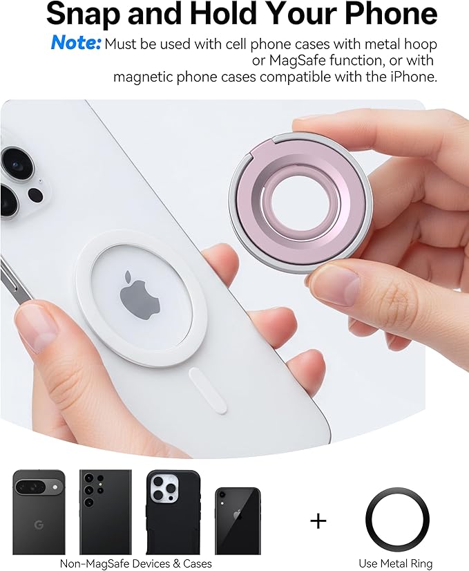 [2025 Newest] Magnetic Phone Grip for MagSafe Ring Holder, Magnet Phone Grip Stand Finger Kickstand Two-Sided Magnetic Compatible with iPhone 17 Pro/Max 16 15 14 13 12 11 Plus&Android (Pink)