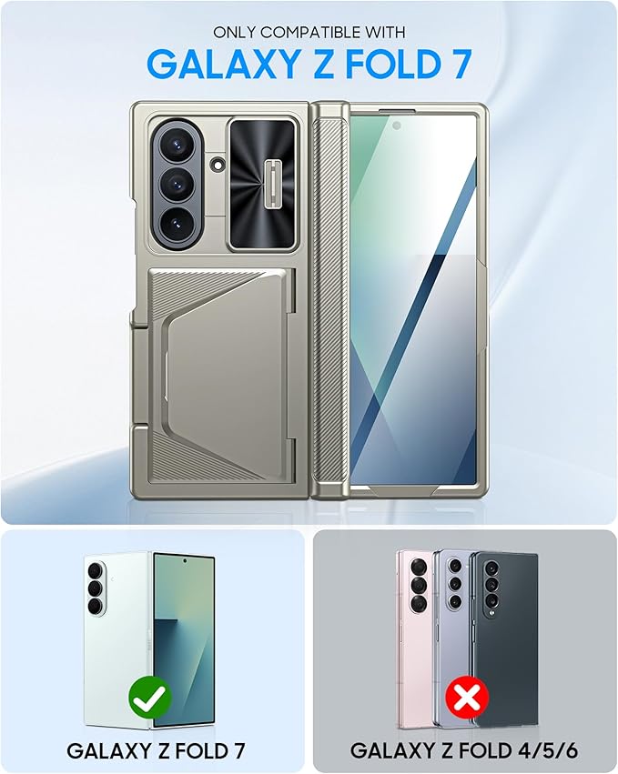 for Samsung Galaxy Z Fold 7 Case with Card Holder RFID Blocking, Built in Slide Lens Cover & Hinge Protection & Screen Protector, Shockproof Wallet Case for Z Fold 7 (Titanium Gold)