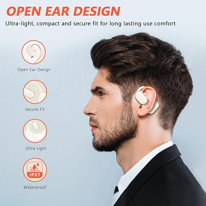 Open Ear Headphones Over Ear Buds, IP67 Waterproof True Wiress Earbuds with Dual DSP Noise Cancelling Mic for Work Sports, Advanced Bluetooth V5.4