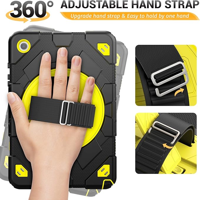 HXCASEAC Case for Samsung Galaxy Tab A9 Plus/A9+ 11 Inch with Screen Protector/Adjustable Hand Strap/Pen Holder, 3-Layer Drop Proof SM-X210/X216/X218 - Yellow