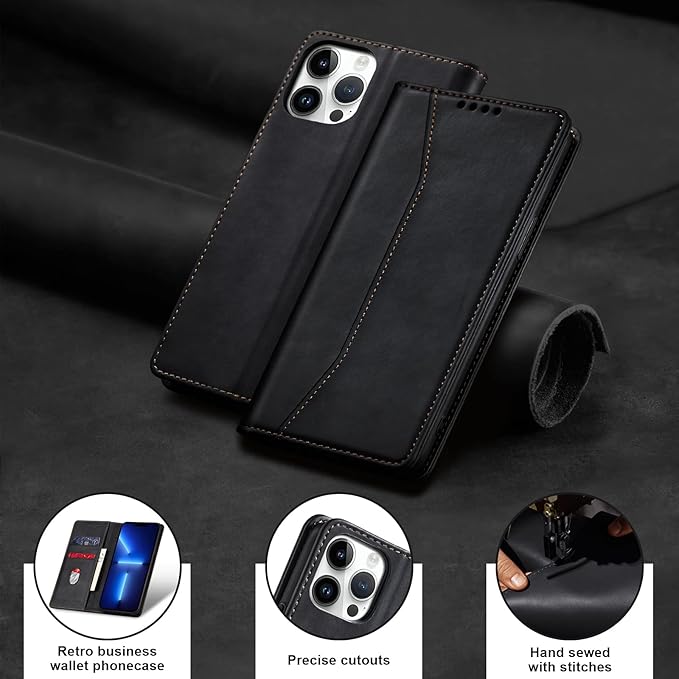 Jasonyu Flip Wallet Case for iPhone 13 Pro,Leather Magnetic Folio Cover with Card Holder,Kickstand - TPU Shockproof Durable Protective Phone Case,Black