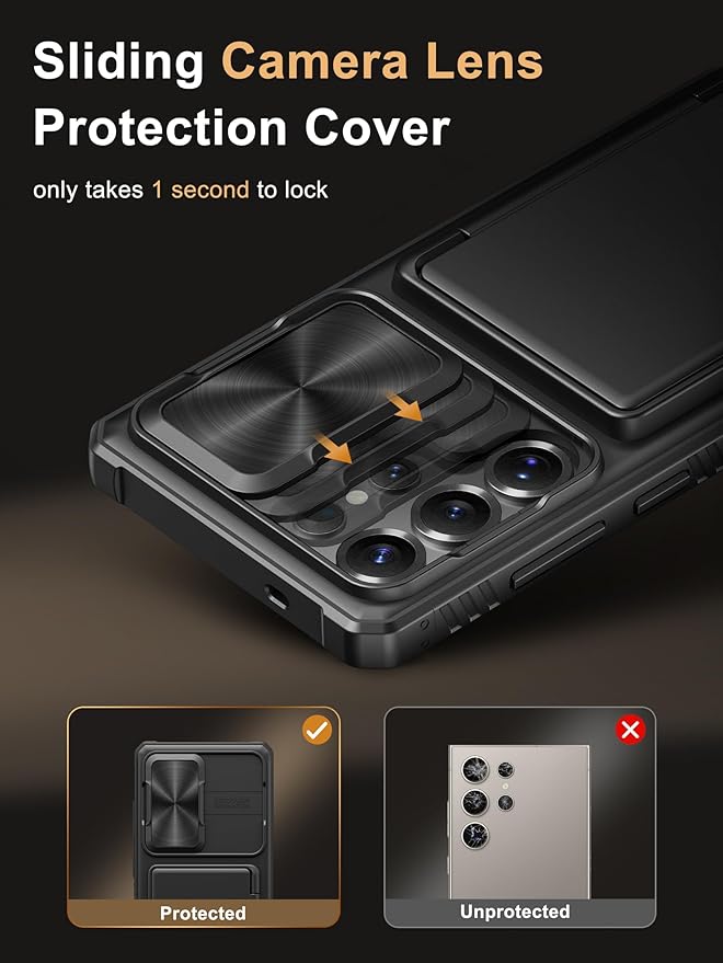 Vihibii for Samsung Galaxy S25 Ultra Case with Card Holder (4 Cards), Built-in 2X Tempered Glass Screen Protector & Slide Camera Cover, Rugged & Shockproof Wallet Case for S25 Ultra 6.9" 2025, Black