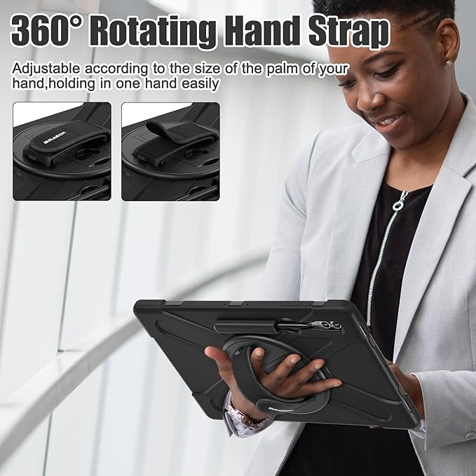 BRAECNstock for Samsung Galaxy Tab S10 Ultra/S9 Ultra/S8 Ultra Case 14.6" 2024/2023/2022 Shockporoof Samsung Tablet 14.6 inch Case with Pencil Holder Rotating Hand Strap & Stand Shoulder Strap - Black