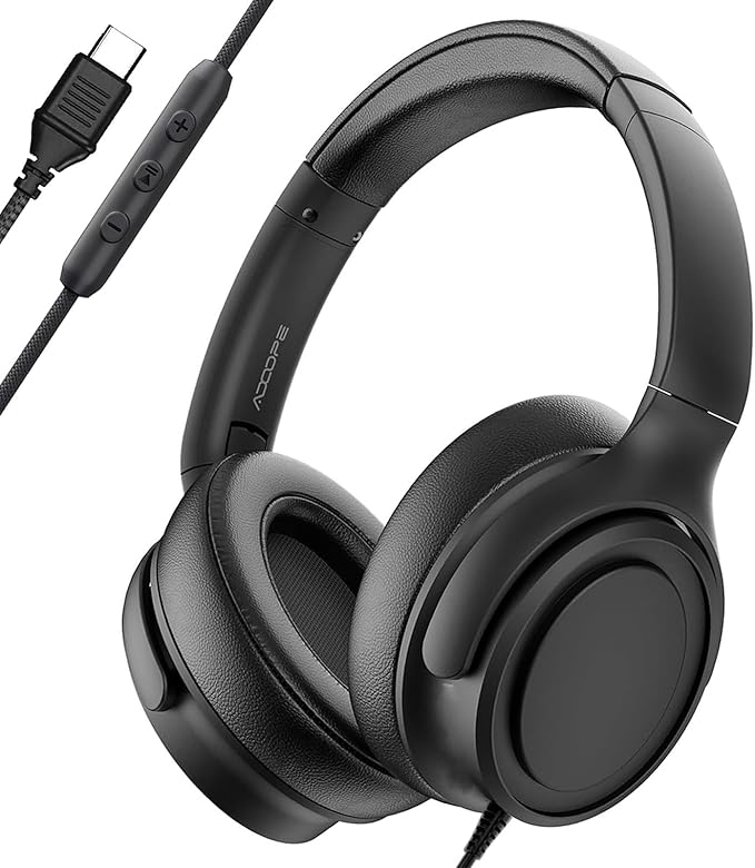 Wired Over-Ear Headphones with USB C Connector, Hi-Fi Stereo Sound, Noise-Isolating Ear Cups, Comfortable Fit for USB C Devices (No Bag, Black)