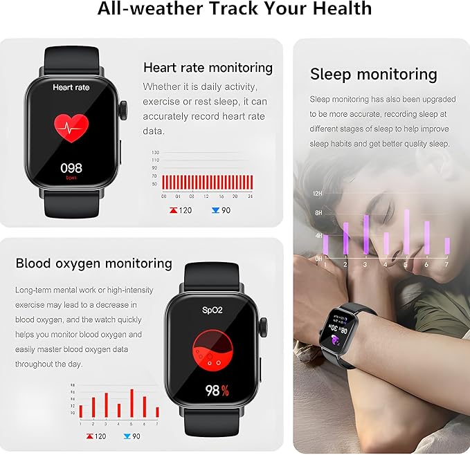 Black Smart Watche for Men/Women,1.75" fitness trackers with Heart Rate Monitor/Flashlight , IP67 Waterproof, Bluetooth Call & Music Control, Sport watch men,120+ Sport Smartwatch for iOS Phone Adroid