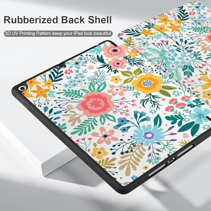 DONGKE Case Compatible with iPad 10.2 Inch 2021 2020 2019 iPad 9th/8th/7th Generation with Pencil Holder, Slim Stand Protective Case with Soft TPU Back, Auto Sleep/Wake Cover, Colorful Floral