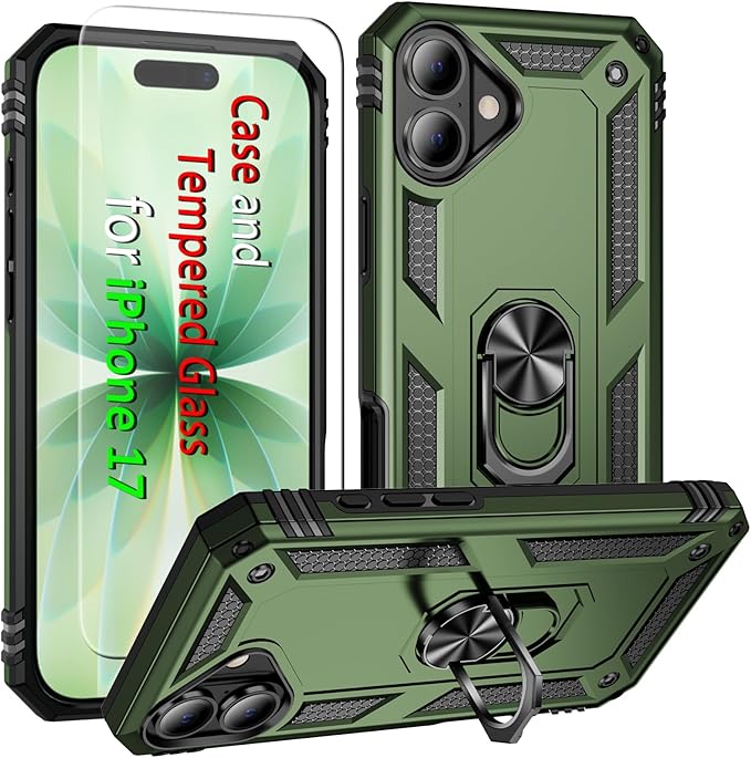 ADDIT Compatible with iPhone 17 Case with Tempered Glass Screen Protector, Adjustable Kickstand Ring, Military-Grade Heavy Duty Protection, Shockproof, Anti-Fingerprint,ArmyGreen