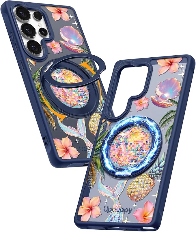 for Samsung Galaxy S25 Ultra Case with 360° Rotatable Magnetic Ring - Compatible with MagSafe, Semi-Transparent Anti-Fingerprint Soft-Touch Material Shockproof, Cute Y2K Design for Women Girl