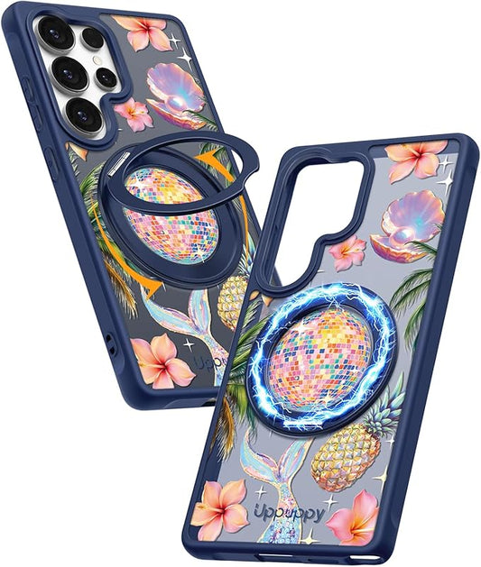 for Samsung Galaxy S25 Ultra Case with 360° Rotatable Magnetic Ring - Compatible with MagSafe, Semi-Transparent Anti-Fingerprint Soft-Touch Material Shockproof, Cute Y2K Design for Women Girl