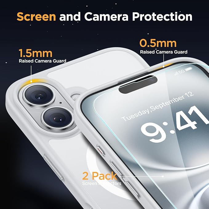 Miracase Magnetic Series for iPhone 16 Plus Case [Compatible with MagSafe] [with 2X Screen Protectors] Military-Grade Protection, Anti-Fingerprint, Slim Phone Case for 16 Plus 6.7 inch - White