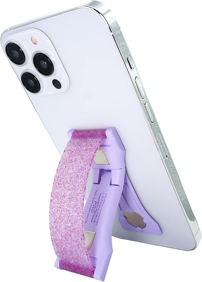 LOVEHANDLE PRO Premium Phone Grip - Silicone Phone Strap - Magnetic Phone Mount and Kickstand for Smartphone and Tablet - Amethyst Glitter Silicone