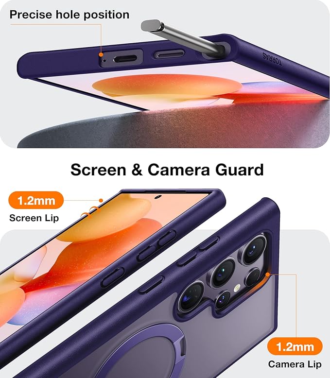TORRAS 360°Spin Magnetic Stand for Samsung Galaxy S24 Ultra Case, Compatible with Magsafe, Shockproof Military Grade Protective Slim Galaxy S24 Ultra Phone Case with Kickstand & Ring Holder, Purple