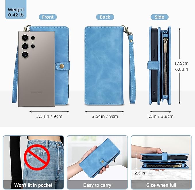 TwoHead for Samsung Galaxy S23 Ultra Wallet Case with Card Holder & Detachable Magnetic Phone Case for Galaxy S23 Ultra,PU Leather Shockproof Protective Phone Cover Wallet(6.8 in,Sky Blue)
