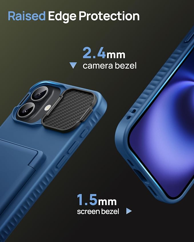 for iPhone 16 Plus Case with Card Holder, Built-in Stand & Camera Lens Cover, Shockproof Rugged Silicone Raised Edge Protective Multifunctional Wallet Phone Case for iPhone 16 Plus 2024, Blue