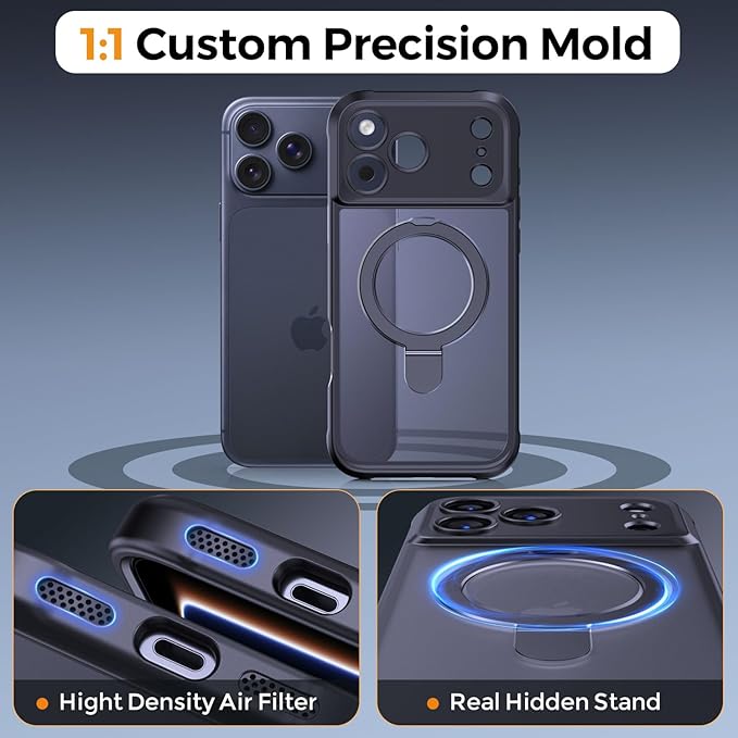 MOCCA Compatible with iPhone 17 Pro Max Case with Magnetic Invisible Stand [Full Camera Protection] [Compatible with Magsafe] Military Drop Shockproof Translucent Matte Phone Case Cover 6.9",Black