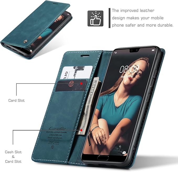 for Huawei P20 Case, Flip Wallet Leather Case with Card Holder Magnetic Closure Shockproof Kickstand Protective Phone Cases Cover for Huawei P20,Blue-Green