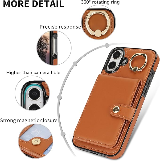 Compatible iPhone 16 Plus Wallet Case with Card Holder RFID Blocking PU Leather Doubles as a Wallet Unisex Flip Shockproof Protection with Card Slots Ring Wrist Kickstand Function,Brown