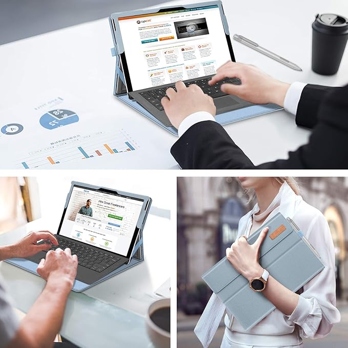 Fintie Case for 12.3 Inch Microsoft Surface Pro 7 Plus, Surface Pro 7/6/5/4/3 - Portfolio Business Cover with Pocket, Compatible with Type Cover Keyboard, Ice Blue