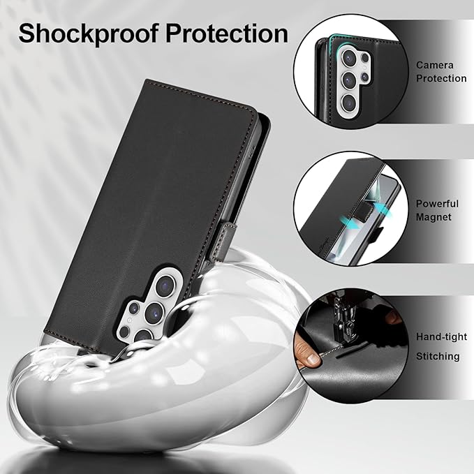 Wallet Flip Case for Samsung Galaxy S25 Ultra 5G - [RFID Blocking] Luxury PU Leather Card Holder Magnetic Phone Cover with Kickstand,Shockproof Protective Case,Black