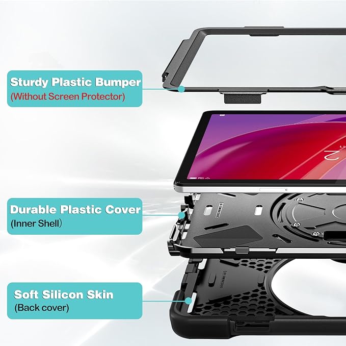 ProCase Protective Case for Lenovo Tab M11 / Lenovo Tab K11 LTE 2024, Rugged Heavy Duty Shockproof Rotating Kids Cover with 360° Rotate Kickstand & Shoulder Strap for Tab TB330FU TB330XU -Black