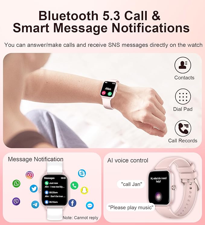 Smart Watch for Women Answer/Make Calls, 1.83'' Touchscreen Smartwatch with 100+ Sport/Heart Rate Sleep Monitor/Pedometer/AI Voice, Waterproof Fitness Activity Tracker, Compatible Android/iOS, Pink