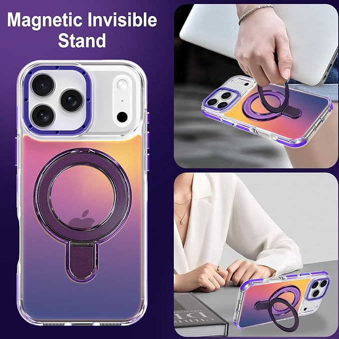 MOWIME Magnetic for iPhone 17 Pro Max Case with Stand [Compatible with Magsafe] [Fashion Fluorescent Design] [1 Screen Protector] Slim Translucent Matte Case for iPhone 17 Pro Max 6.9" 2025, Purple