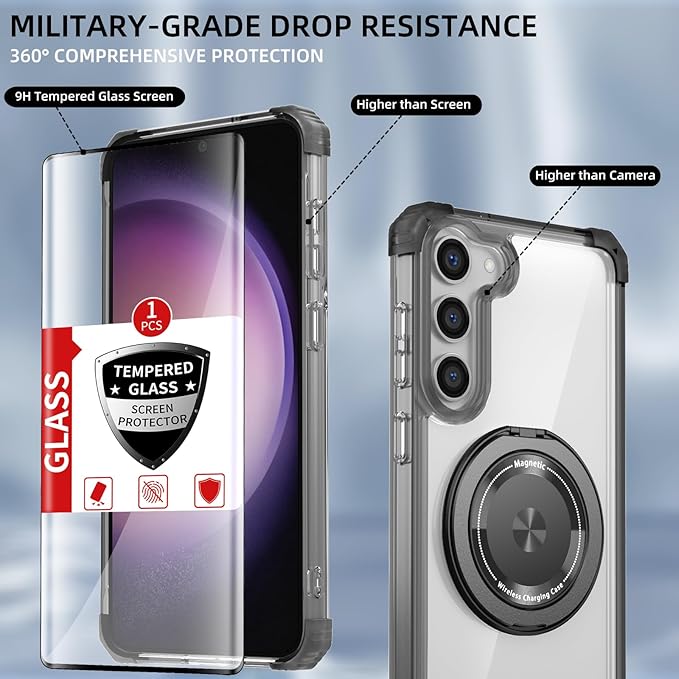 for Samsung Galaxy S23 Plus Case Magnetic Compatible with MagSafe with Screen Protector,for S23+Plus Phone Case with Kickstand Ring Military Grade Drop Heavy Duty Protection Shockproof Black