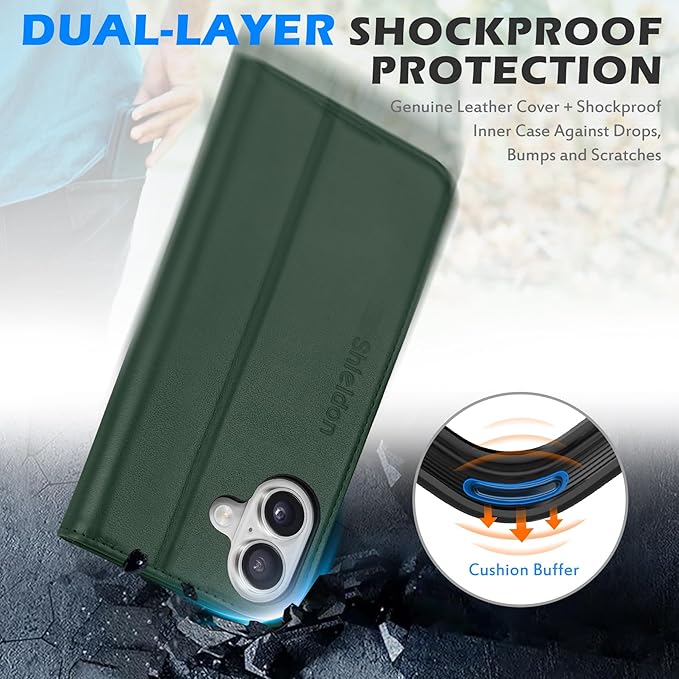 SHIELDON Genuine Leather Case Wallet for iPhone 17 6.3-inch 5G 2025 | Folio, Wallet, Magnetic Closure, Kickstand, RFID Blocking Card Slots, Full Protection, Soft Phone Cover - Evergreen