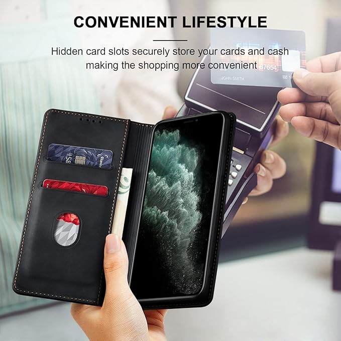 Jasonyu Flip Wallet Case for iPhone 11 Pro,Leather Magnetic Folio Cover with Card Holder,Kickstand - TPU Shockproof Durable Protective Phone Case,Black