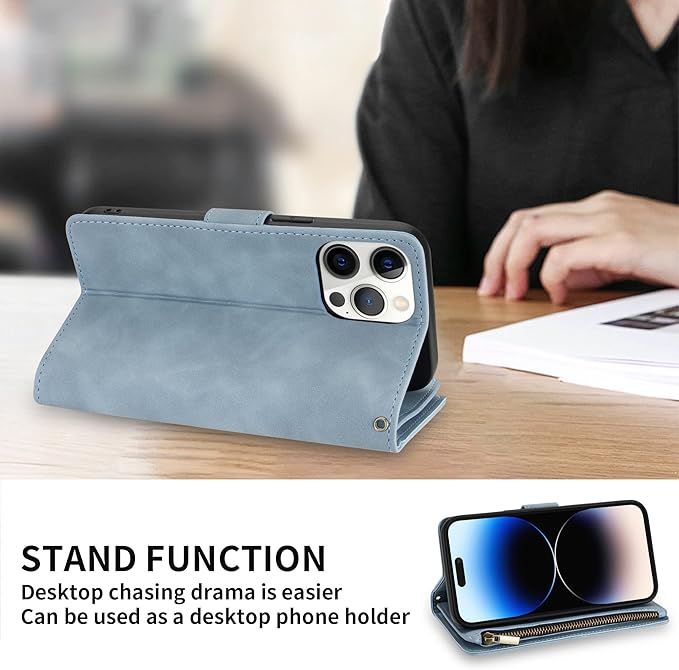 ZZXX for iPhone 14 Pro Case Wallet with [RFID Blocking] Card Slot Premium PU Leather Zipper Flip Folio with Wrist Strap Kickstand Protective Cover for iPhone 14 Pro Wallet Case(Light Blue-6.1 inch)