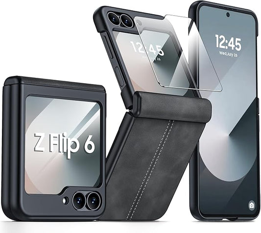 for Samsung Galaxy Z Flip 6 Case/Z Flip 7 FE Case with Hinge Protection & Built-in Screen Protector, Ultra Thin Leather Shockproof Cover Phone Case for Galaxy Z Flip 6/Z Flip 7 FE-Black Gary