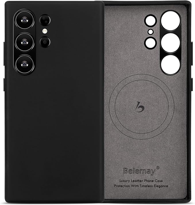 Belemay Leather Case for Samsung Galaxy S24 Ultra Compatible with Magsafe - Premium Crazy Horse Leather [Vintage Aesthetics] Unique Patina, Comfort Grip, Metal Buttons, Soft Cover (6.8") Antique Black