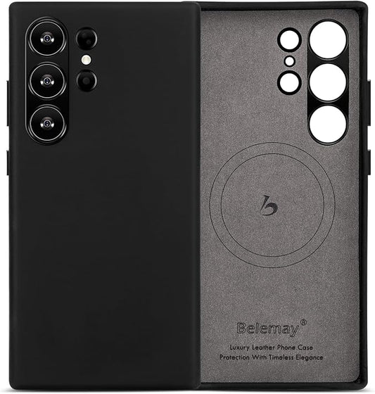 Belemay Leather Case for Samsung Galaxy S24 Ultra Compatible with Magsafe - Premium Crazy Horse Leather [Vintage Aesthetics] Unique Patina, Comfort Grip, Metal Buttons, Soft Cover (6.8") Antique Black