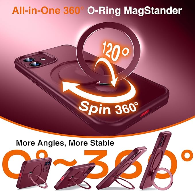 360° O-Ring MagStander for iPhone 12 Case, iPhone 12 Pro Case with Magnetic Stand Ring Holder [Compatible with MagSafe] [Military Shockproof] Kickstand iPhone 12/12 Pro Phone Cover Burgundy