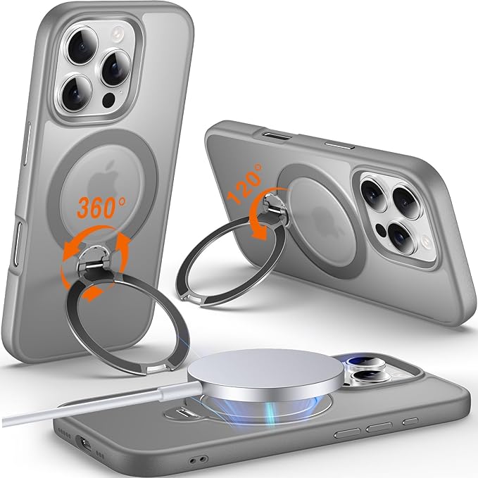 360° O-Ring MagStander for iPhone 16 Pro Max Case with Magnetic Kickstand Ring Holder [Compatible with MagSafe][360°Rotate Stand][Military Shockproof] iPhone 16 Pro Max Phone Cover Grey
