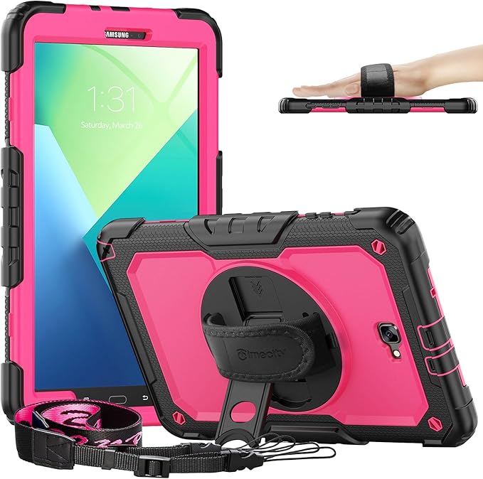 Timecity Case for Galaxy Tab A 10.1 2016 Release (SM-T580 T585 T587), Heavy Duty Protection Case with Screen Protector, Swivel Stand, Hand Strap and Shoulder Strap Stylus Holder - Rose