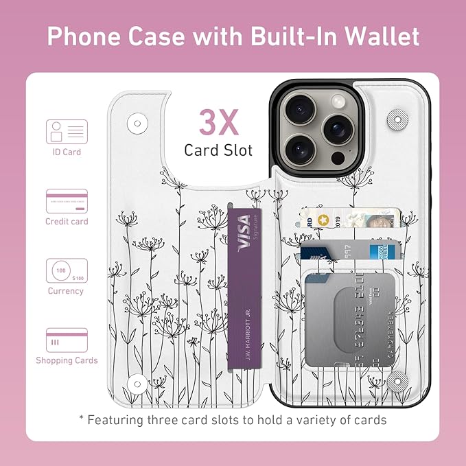 FUNMIKO for iPhone 13 Pro Wallet Case with Card Holder, RFID-Blocking, Military-Grade Protection & UV-Printed Artwork, Magnetic Closure with Leather Kickstand - Elegantly Sketched Flower