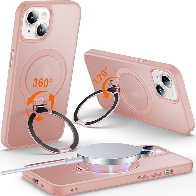 360° O-Ring MagStander for iPhone 13 Case, iPhone 14 Case with Magnetic Stand Ring Holder [Compatible with MagSafe][15FT Military Shockproof] Kickstand iPhone 13/14 Phone Cover Matte Pink
