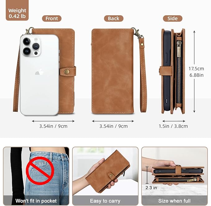 TwoHead Wallet Case Compatible with iPhone 15 Pro Max,Detachable Magnetic Phone Case,All-Round Shockproof Protective Leather Phone Case with Card Holder,6.7 in,Brown