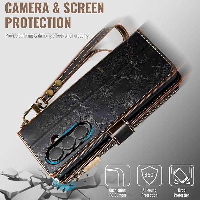 Vinich for Samsung Galaxy Z Fold 7 Wallet Case with Card Holder, Detachable Strap RFID Blocking Credit Slots Kickstand Shockproof Phone Cover for Women Men, Luxury Coffee