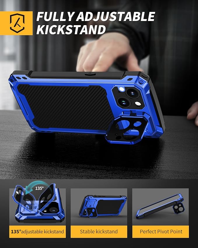 Lanhiem Magnetic for iPhone 14 Metal Case, [Built-in Camera Kickstand & Glass Screen Protector] Heavy Duty Shockproof Full Body Rugged Protective Magsafe Cover for iPhone 14 6.1" (Blue)