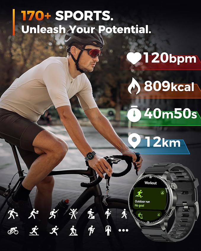 Smart Watches for Men Women with GPS & Compass, 1.52" AMOLED Smartwatch, Fitness Activity Tracker Watches with 170+ Sport Modes Sleep Monitor Step Counter for Android iPhone (Black, 1.52)