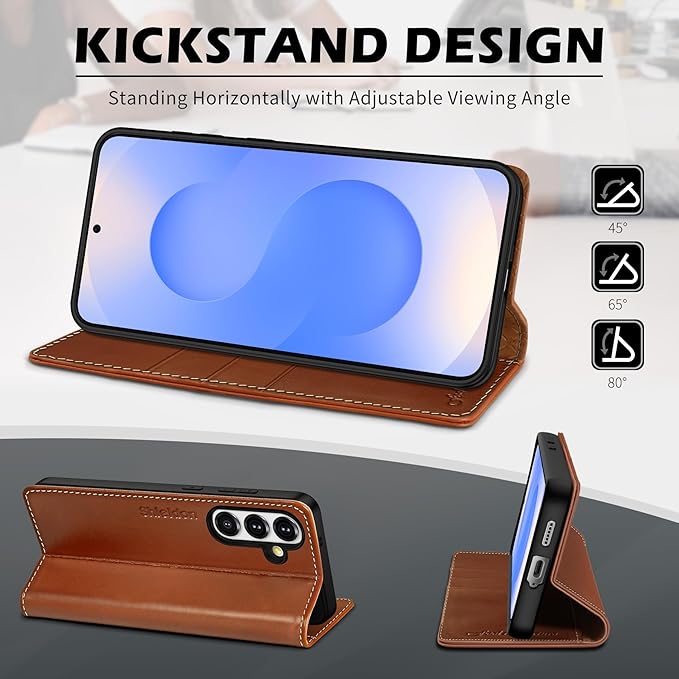 SHIELDON Wallet Case for Galaxy S25 FE 2025 5G, Genuine Leather RFID Blocking Credit Card Holder Kickstand Magnetic Folio Full Protection Cover Compatible with Galaxy S25 FE 6.7" - Retro Brown
