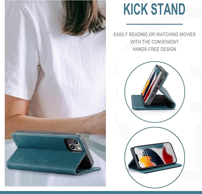 QLTYPRI Case for iPhone 14, Vintage PU Leather Wallet Case Card Slot Kickstand Magnetic Closure Shockproof Flip Folio Book Case Cover for iPhone 14(6.1 inch) - Blue