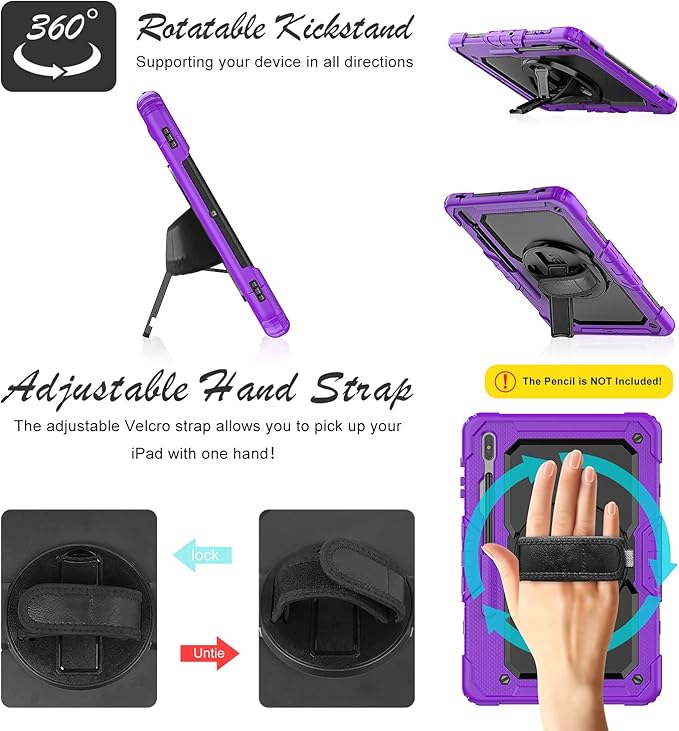 Tablet Case for Samsung Galaxy Tab S8 Plus/S7 FE/S7 Plus 12.4", [Shockproof] with Tempered Glass Screen Protector, Rotating Kickstand/Hand & Shoulder Strap/S Pen Holder (Purple)