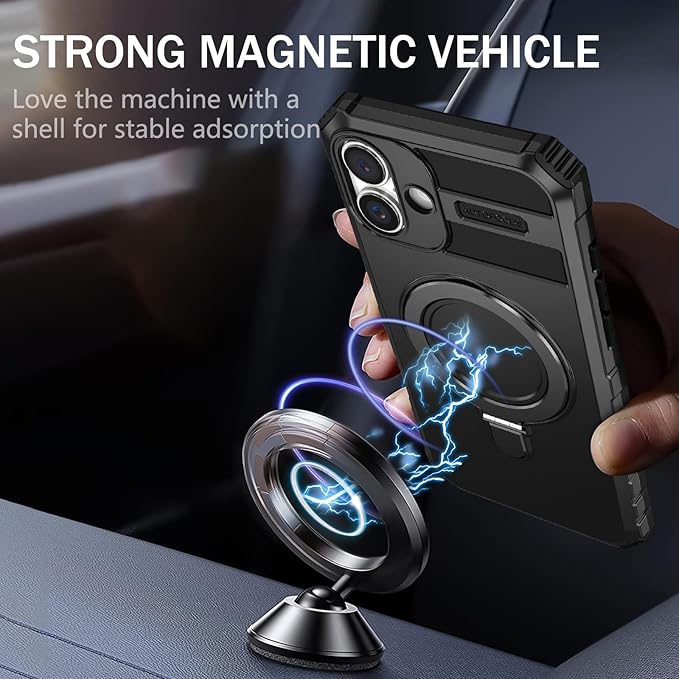 for iPhone 16 Plus Case Magnetic Compatible with MagSafe Wireless Charging,with 2 Screen Protector,with Kickstand Ring Shockproof Shock-Absorbent Heavy Duty Protection Scratch Resistant Black