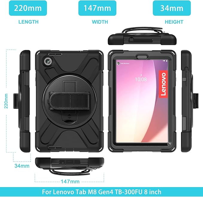TSQQST Case for Lenovo Tab M8 4th Gen 2024/2023 Model TB301XU/TB-300FU for Kids | Full Body Protection Case with [360 Rotating Stand] & Hand Strap Function Cover for Lenovo M8 Tablet | Black