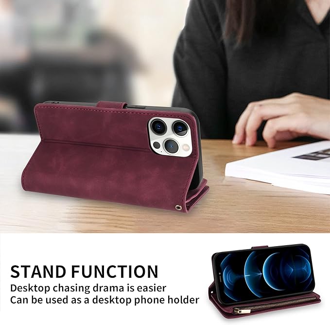 ZZXX for iPhone 12 Pro Max Wallet Case with Card Slot Premium Soft PU Leather Zipper Flip Folio Wallet with Wrist Strap Kickstand Protective for iPhone 12 Pro Max Case Wallet(Wine Red 6.7 inch)