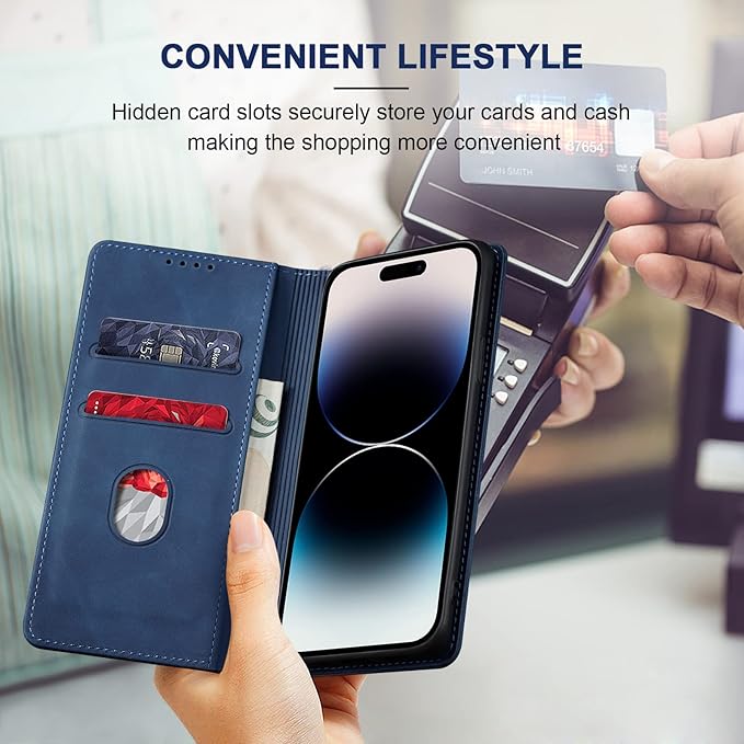 Jasonyu Flip Wallet Case for iPhone 14 Pro 5G,Leather Magnetic Folio Cover with Card Holder,Kickstand - TPU Shockproof Durable Protective Phone Case,Blue